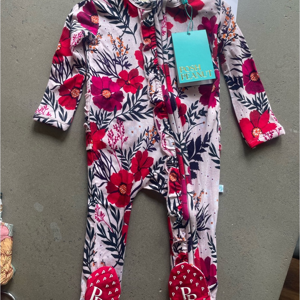 3-6M posh peanut bamboo ruffled one piece footie/zippie